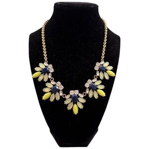 J. CREW 18” Lime Green & Navy Blue w/ Crystals Floral Bib Statement Necklace